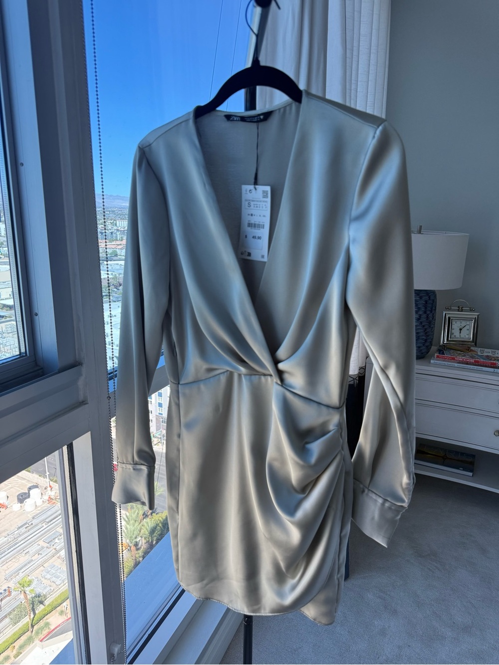 Zara Satin Drape Wrap Mini Dress - Light Silver